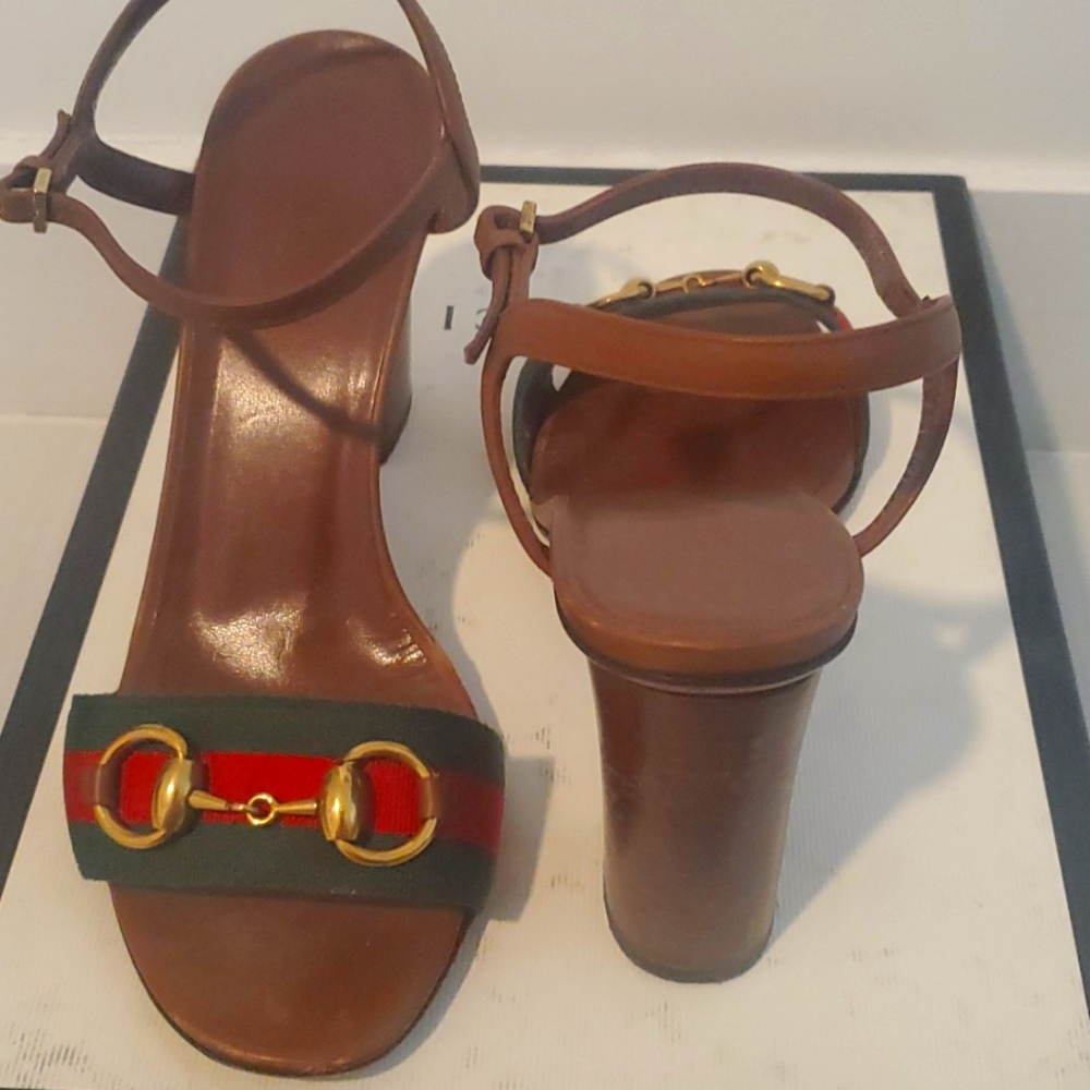 Gucci Brown Leather Sandal with Red and Green Web and Gold Horsebit